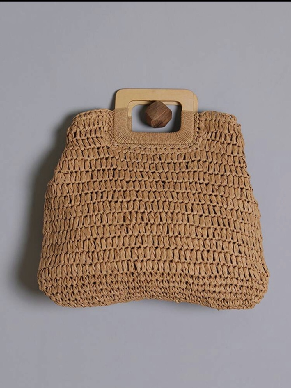 Woven Straw Tote Bag with Wooden Handle - Tan